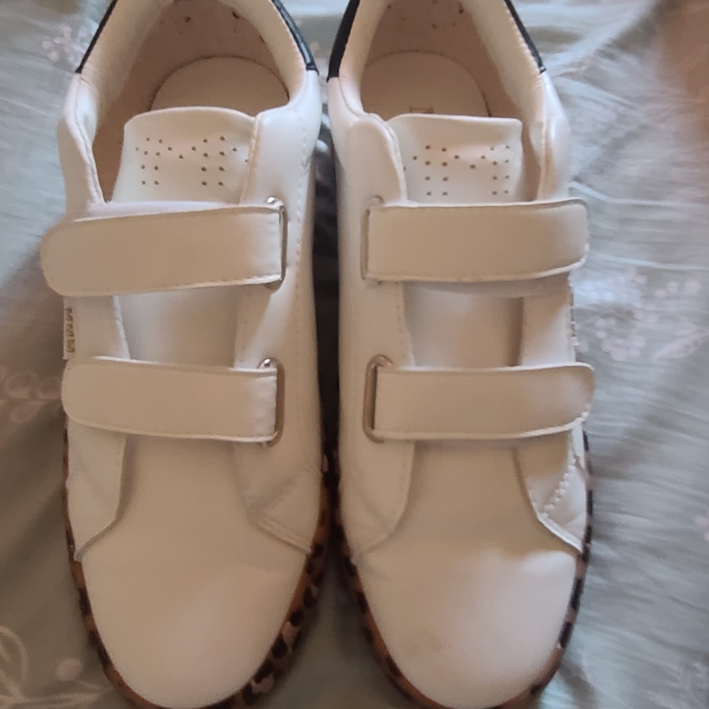 Women’s White Velcro Sneakers with Leopard Trim